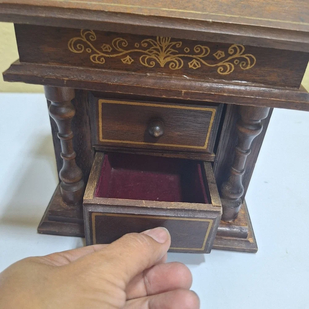 Vintage c.1970s Wooden Musical Jewelry Box Wind-Up Music Box 2 Drawers As-Is